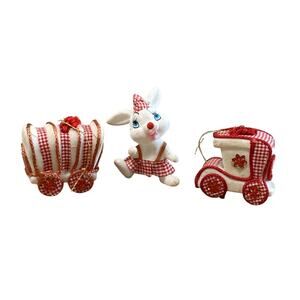 Lot of 3 Vintage Flocked Red White Checkered Christmas Ornament Bunny Car Wagon